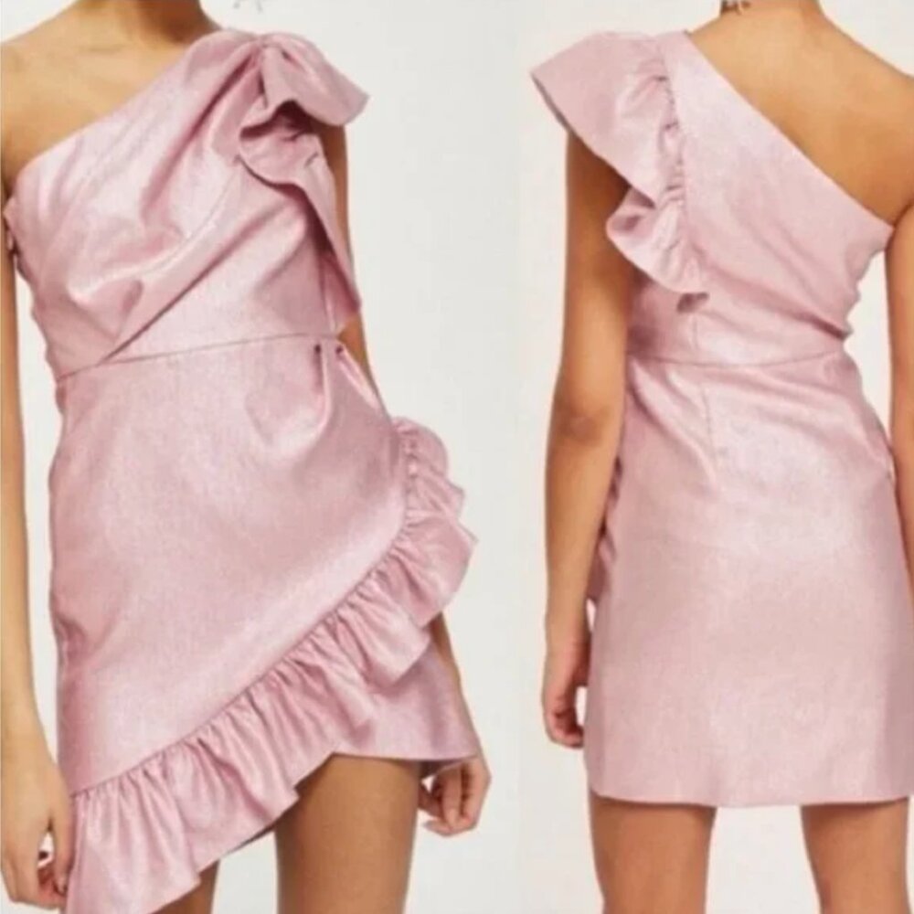 TopShop Pink Metallic One Shoulder Ruffle Dress NWT